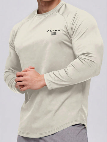 Men's Letter Print Long Sleeve Sports T-Shirt Workout Tops