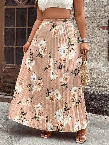 Plus Size Women's Floral Printed Pleated Midi Skirt