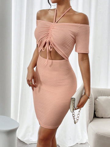Knitted Solid Color Hollow Out Halter Neck Bodycon Dress