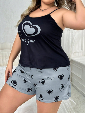 Plus Size Women's Heart Print Cami Top And Shorts Pajama Set