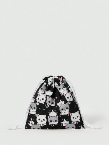 Cartoon Printed Portable High-Capacity Drawstring Cosmetic Bag & Coin Purse With Full Of Cats Pattern, Style No. 411302