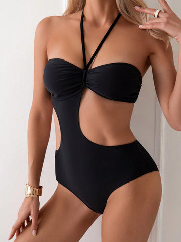 Women's Solid Color V-Neck Ruched Hollow Out One Piece Swimsuit With Halter Neckline