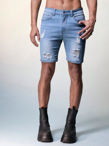 Men's Light Wash Denim Sexy Big Ripped Butt Tight Ultra Short Jeans Shorts