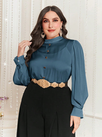 Plus Size Solid Color Shirt With Stand Collar And Lantern Sleeves