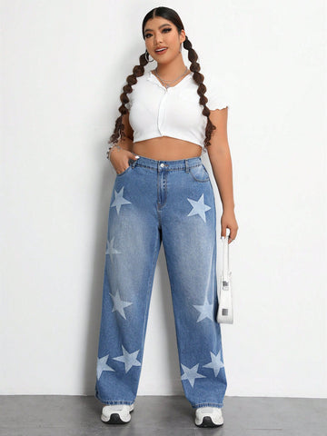 Plus Size Loose-Fitting Star Printed Denim Straight Jeans Without Elasticity
