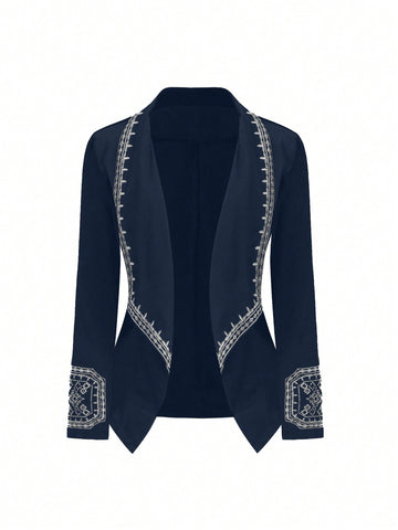 Plus Size Embroidery Detailing Waist Slimming Open-Front Blazer Jacket