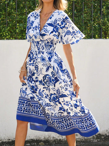 Floral Print Wrap V-Neck Ruffle Sleeve Dress With Tie Detail At Waist For Women Spring Dress