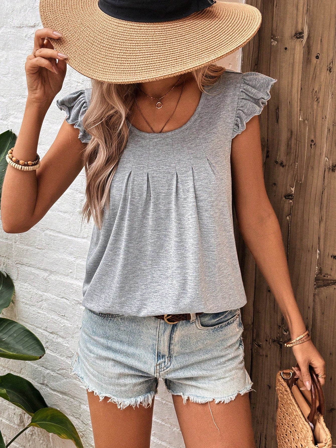 Summer Gray Country Style Casual Ruffle Sleeve T-Shirt