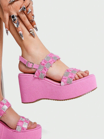Women's Party Style Round Toe Platform Wedge Heel Thick Sole Diamond Decor Pink Denim Fashionable Streetwear Sandals