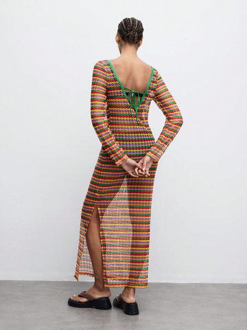 Women's Fashionable Colorful Striped Hollow Out Long Dress