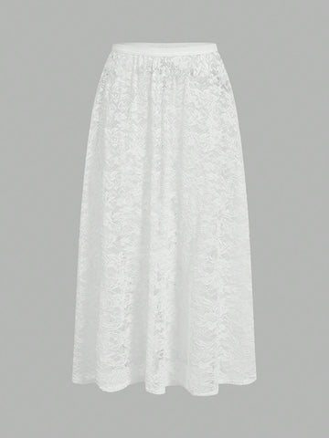 White Lace Semi-Transparent Midi Skirt