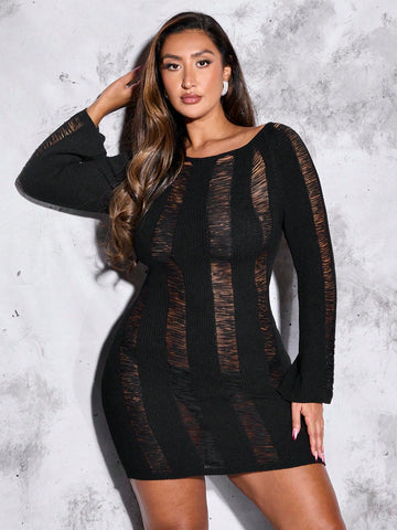 Plus Size Bodycon Sweater Dress With Sheer Back And Strap Detail