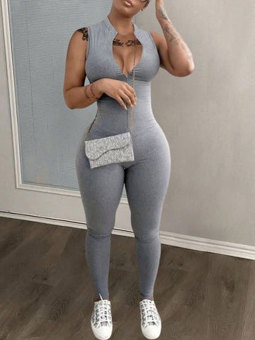 2024 New Women's Casual Elastic Waist Grey Floral Sleeveless Jumpsuit With Front Zipper And Solid Color, Perfect For Spring And Summer