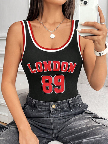 Knitted Tight-Fitting Striped Patchwork Letter Printed Vest Bodysuit