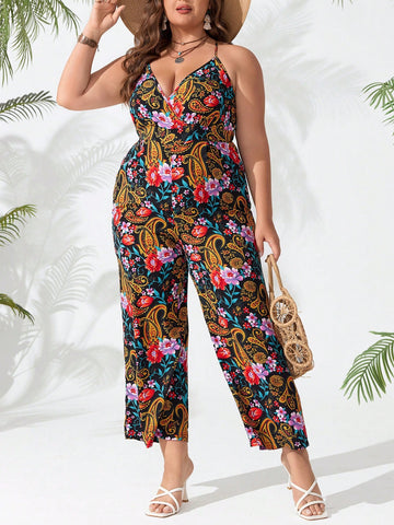Plus Size Women's Jumpsuit With Paisley Print, Vacation Style