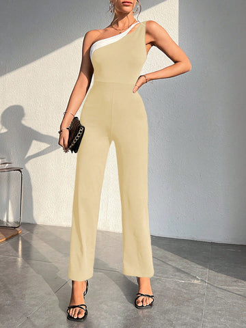 Women's Color Block One Shoulder Sleeveless Hollow Out Jumpsuit