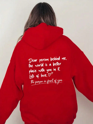 Plus Size Hooded Sweatshirt With Slogan Print And Fleece Lining