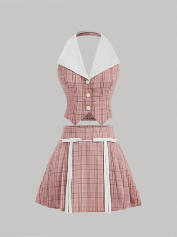 Summer Dress Plaid Splice Collared Halter Top & Pleated Skirt Set,Pink Dress