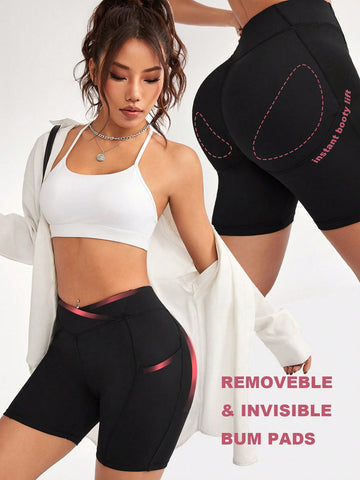 Women's Cross Waistband Side Pocket With Hip Pad Athletic Shorts