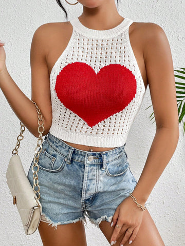 Sleeveless Knitted Top With Heart Pattern