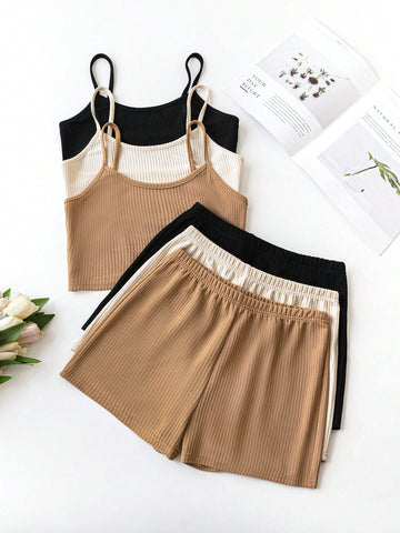 Ladies' Pure Colored Rib-Knit Camisole Top And Shorts Set