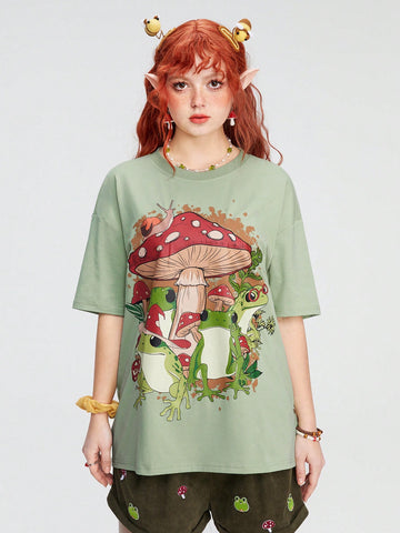 Loose Fit T-Shirt With Cartoon Forest Elf & Frog, Mushroom, And Snail Printed Patterns