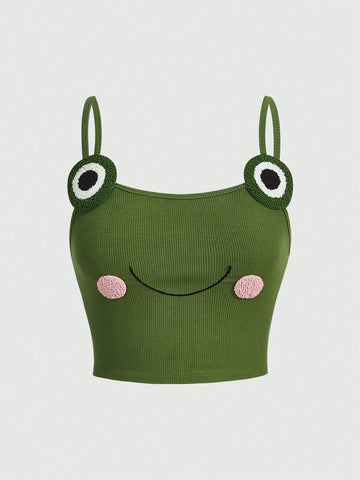 Countryside Style Frog Expression Embroidery Camisole Top