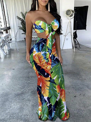 Summer Casual Vacation Bust-Wrapped Strap Top Tight Fishtail Extra-Long Skirt Tropical Leaf Print Women's Two-Piece Set-Z