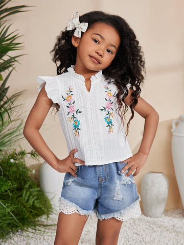 Young Girl's Chicola Music Festival Woven Shirt With Floral Embroidery And Ruffle Hem