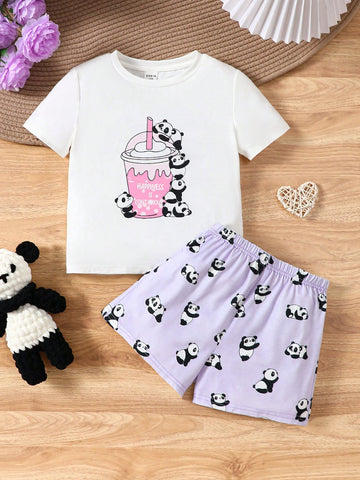 Young Girls' Cute Panda Pattern Short Sleeve T-Shirt And Shorts Set For Casual, Comfy Summer Home Wear