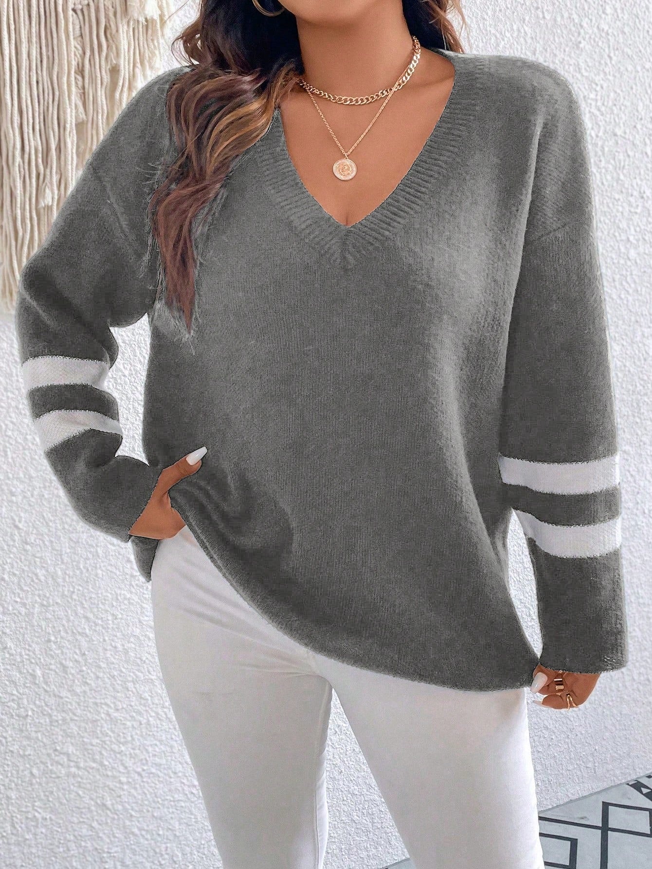 Plus Size Striped V-Neck Oversized Sweater With Drop Shoulder