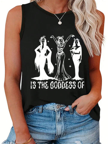 Plus Size Women's Round Neck Tank Top With Slogan & Character Print