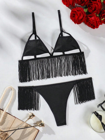 Hollow Out Fringe Decorated Sexy Lingerie Set With Thin Shoulder Straps