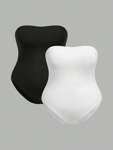 Plus Size Women's Black And White 2pcs Strapless Slim Fit Bodysuit, Perfect For Summer