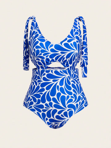 Plus Size Women's Hollow Out Printed Monokini Swimsuit With Halter Neck