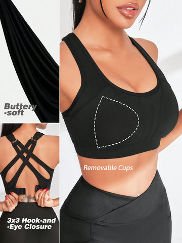 Solid Color Round Neck Sports Bra With Back Clasp
