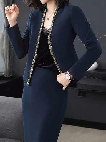 Plus Size Embroidery & Patchwork Open Front Blazer