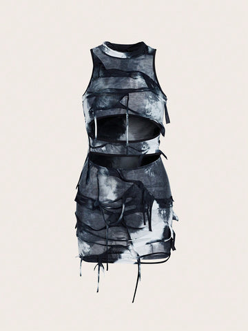 Women's Tie-Dye Fringe Bodycon Tank Dress