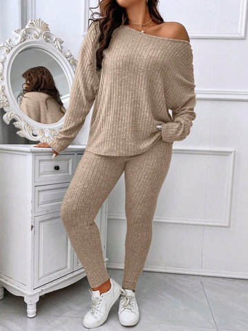 Plus Size Women's Solid Color Loose Shoulder Long Sleeve Waffle-Knit Top And Pants Two Piece Set