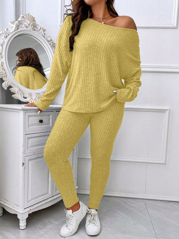 Plus Size Monochrome Ribbed Knit Casual Two Piece Set