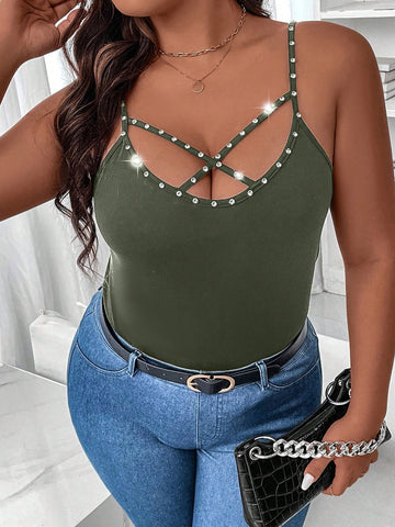 Plus Size Slim Fit Hollow Out Tank Top With Rhinestone Embellishment