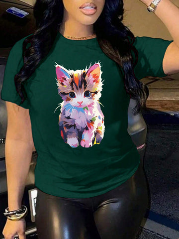 Plus Size Cartoon Cat Print Short Sleeve T-Shirt