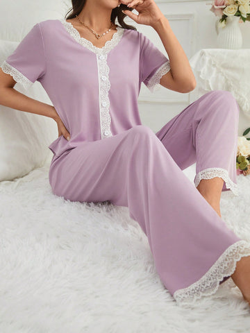 Women's Lace Splice Short Sleeve Pajama Set