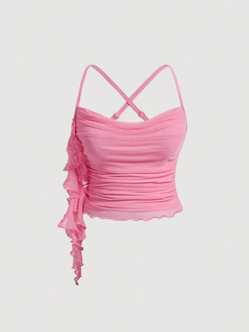 Plus Size Women's Pink Ruffled Strappy Tank Top With Flounce