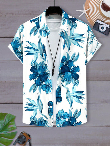 Men's Botanical Print Button-Down Short Sleeve Shirt