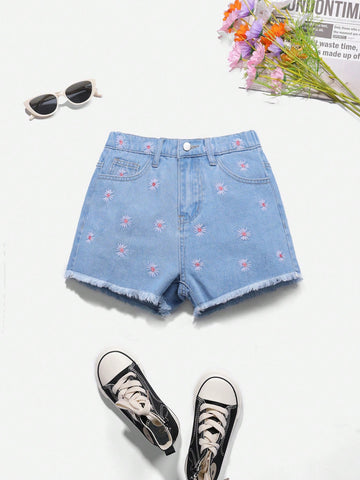 Tween Girls' Flower Embroidery Denim Shorts With Frayed Hem