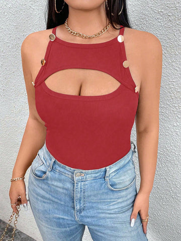 Plus Size Women's Hole Decorated Tank Top With Hollow Out Metal Button