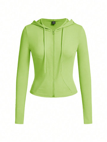 Women's Solid Color Zipper-Front Long Sleeve Hooded Jacket