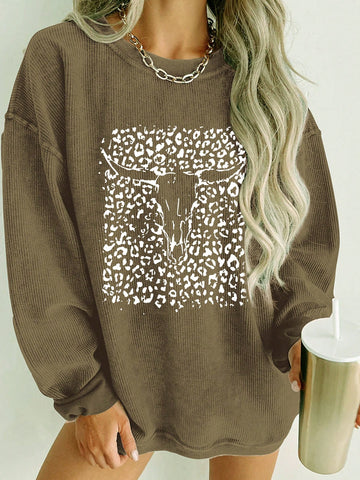 Women's Casual Leopard& Steer Head Printed Round Neck Sweatshirt With Drop Shoulder Sleeves