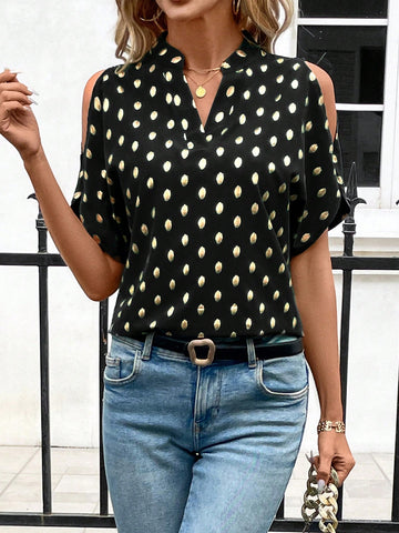 Elegant Polka Dot Printed Shoulder-Baring Shirt With Gold Foil Detailing